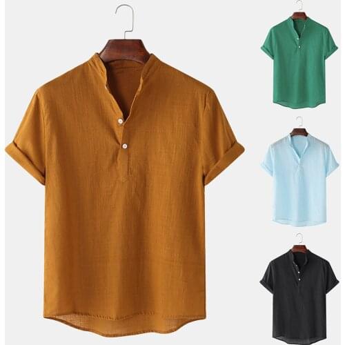Mens Short Sleeve Shirts Cotton Linen Solid Color Beach Yoga Tops Casual Summer Men Shirts Chemise Homme