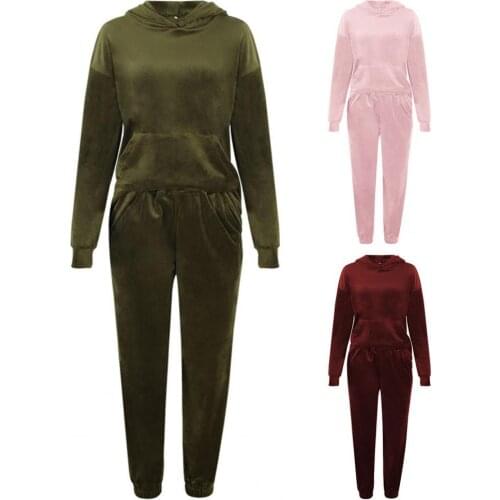 Tracksuit Solid Color Pockets Velvet Blouse Women Long Sleeve Hoodie Pants Sports Suit for Sports Tracksuit Hooded Sportswear