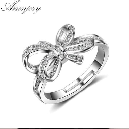 ANENJERY 925 Sterling Silver Rings For Women Mosaic CZ Zircon Bowknot Resizable Rings bague femme S-R223