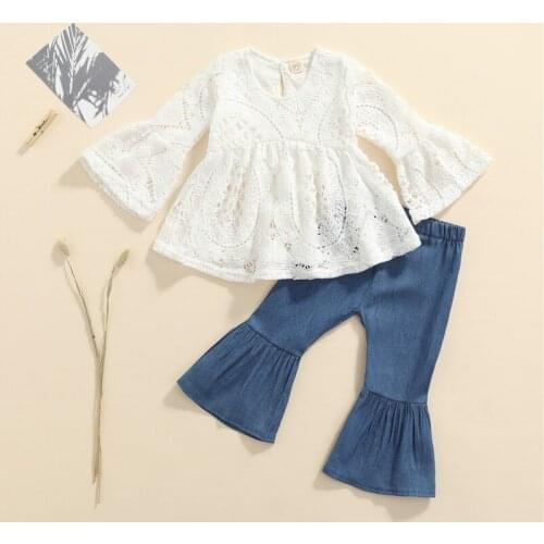 1-6 Years Girls Clothes Set Hollow Out Large Hem O-Neck Tops+Solid Color Flared Trousers Outfits For Girls Spring Fall Set