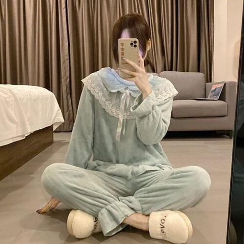 Coral Fleece Pajamas Set Women Autumn And Winter 2021 Spring New Hot Style Cute Japanese Princess Homewear Top Pants Suit y1567