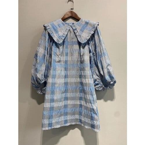 Elfbop Women Doll Collar Contrast Plaid Long Sleeve Short Dress With Ruffled Detail