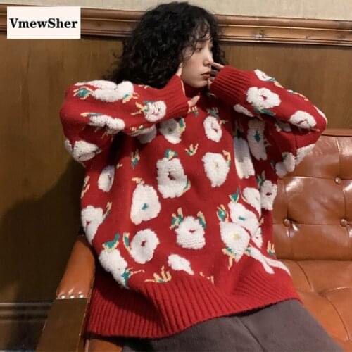 VmewSher Winter Women Sweater Loose Flower Long Sleeve Knitwear Chic Floral Fashion Christmas Elegant Pullover Stylish Knit Top