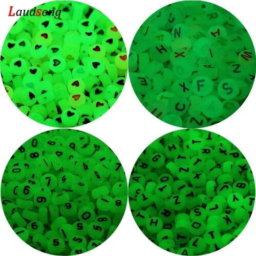 100-500Pcs 7mm Mixed Luminous Number/Letter Acrylic Beads Round Flat Loose Heart Beads For Jewelry Making Diy Bracelet Necklace