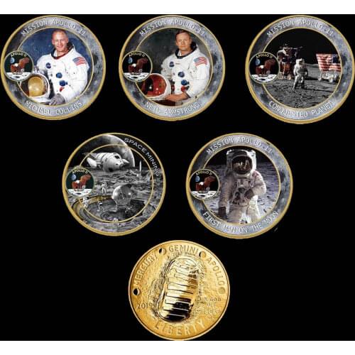 5pcs/lot American Apollo Gold Plated Coin For The Earth to The Moon The First Step coins Souvenirs