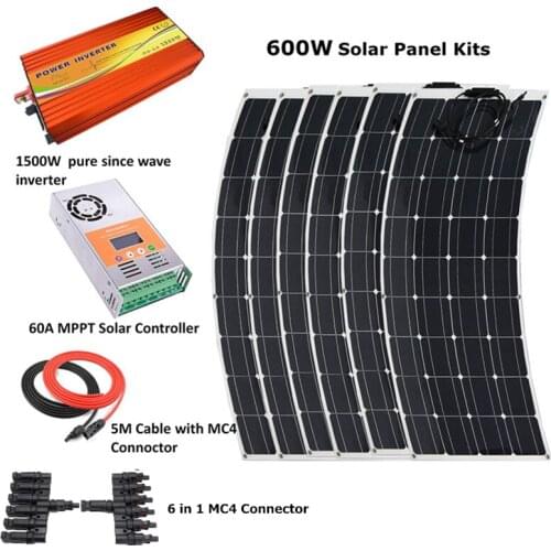 6pcs 100W Flexible Solar Panel Module with 1500w inverter and 60A MPPT controller Houseuse Complete 600W Solar System Kit