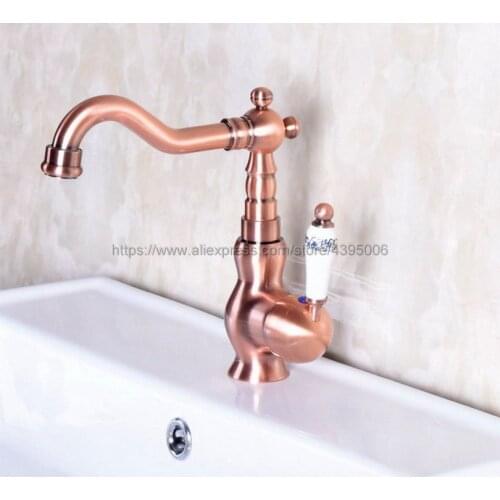 Antique Red Copper Bathroom Basin Faucet Single Handle Deck Mount Basin Vessel Sink Mixer Tap Bnf137