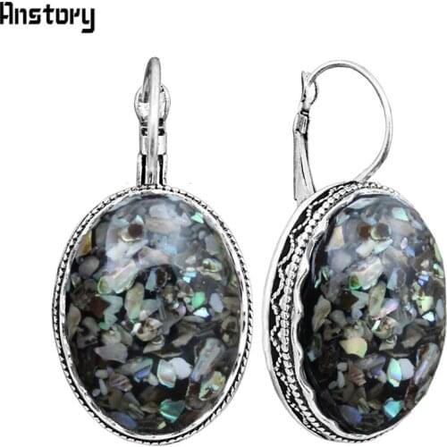 Big Oval Shell Earrings Vintage Antique Silver Plated Cuff Stone Flower Pendant Fashion Jewelry