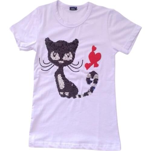 ÇKT-6680 Female Child Double Way Change Color Sequin Cat Short-Sleeve T-Shirt 430413810