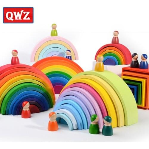 QWZ Children Wooden Rainbow Blocks Wooden Balls Dolls Rainbow Building Stacking Blocks Montessori Color Sort Educational Toys
