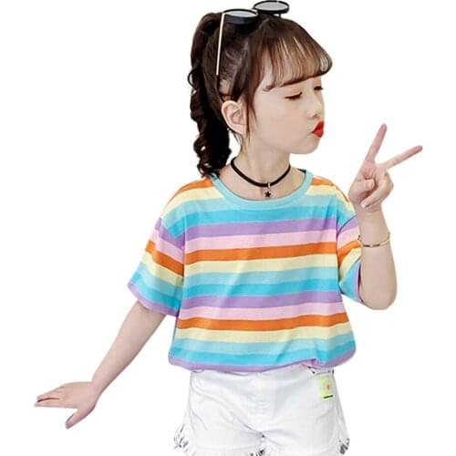 Childrens T-shirts Rainbow Stirped Girl T-shirts Casual Style Child T-shirt Summer Kids Clothes Girls 6 8 10 12 14
