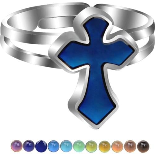 Foreign Trade Christian Cross Temperature Mood Discoloration Opening Ring Wholesale Women Men Rings Wedding Anillos Mujer