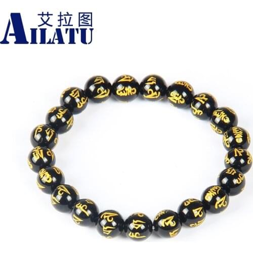 Transfer Luck Exquisite Semi-precious Stone Natural Black Agate Onyx Prayer Beads Carved Tibetan OM Bracelet Drop Shipping