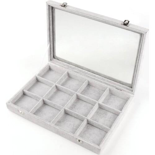 1pcs Velvet and Wood Jewelry Rings Pendants Storage Displays Carrying Boxes with Glass Rectangle Gray 24x35x4.5cm