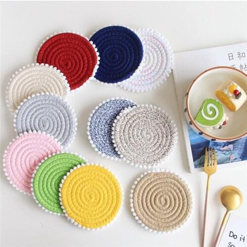 Round Cotton Rope Woven Placemat With Hair Balls Non Slip Table Mats Pot Holder Insulation Pads Drink Cup Coaster Kitchen Decor
