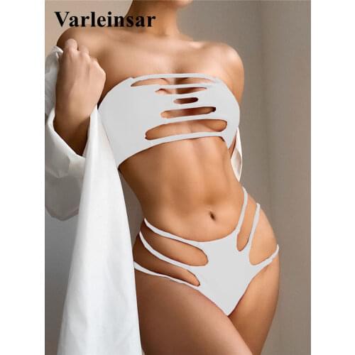 New Sexy Cut Out Bandeau Bikini Female Swimsuit Women Swimwear Two-pieces Bikini set Strapless Bather Bathing Suit Swim V2996
