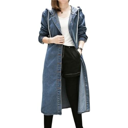 Autumn Winter New Plus size Denim Windbreaker Women long Hooded Denim Trench coats Womens Loose Jeans Base Overcome 5XL F416