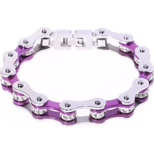 Punk Purple CZ Zircon Biker Bike Link Bracelet Women Men Stainless Steel Crystal Motorcycle Chain Bracelets Jewelry For Woman