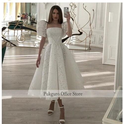 Full Lace Short Wedding Dress Puff Sleeves Strapless Tea Length Civil Wedding Bride Gowns For Reception Boat Neck Birde Dress