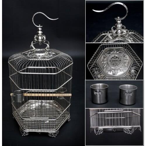 Stainless steel birdcage with large parrot and peony Metal hexagonal cage ornamental cage special new style