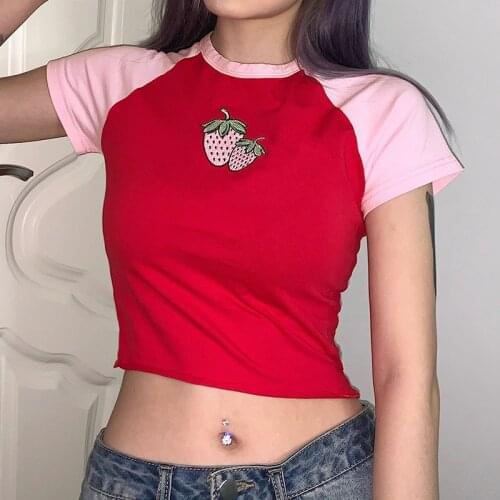 QICIUS Summer Strawberry Crop Top T Shirt Women 2021 Kawaii Slim Female Tee Shirts Femme Sexy E-Girl 90S Aesthetic Clothes