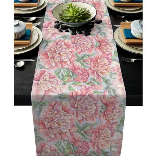 Pink Peony Flower Watercolor Painting Modern Table Runners Cloth Party Wedding Decoration Table Runner Dining Table Cover