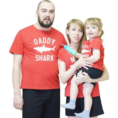 Daddy Mommy And Little Baby Tshirt Suit Print Shark Matching Clothes Father Son Clothing Mommy and Me Short Sleeve Pullover Tops