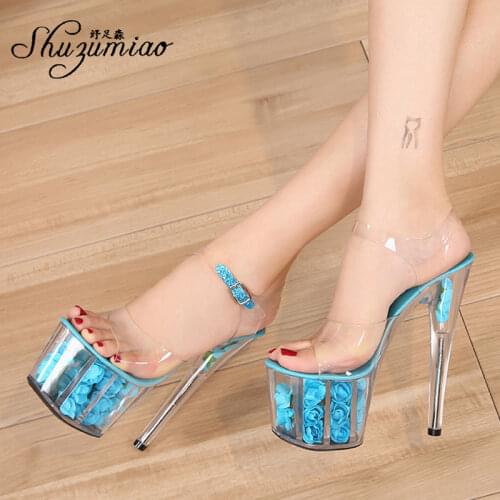 Super High Heels Women Sandals Luxury Transparent Rose Crystal Rhinestone Platforms Shoes Ladies Clear Pvc Stripper Sandals 2021
