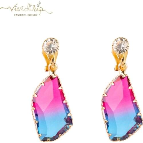New Arrival ZA Colorful Crystal Dangle Drop Clip on Earrings Without Piercing Womens Fashion Maxi Statement Ear Clips Jewelry