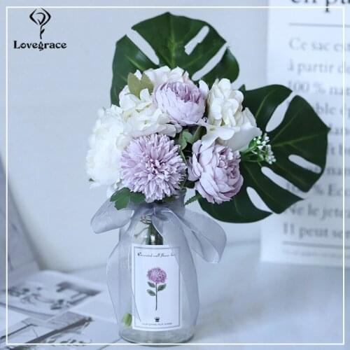 Lovegrace Bride Wedding Bouquet Artificial Silk Rose Flower Pink Hydrangea Pompon Tropical Eucalyptus Palm Leaf Wedding Supplies