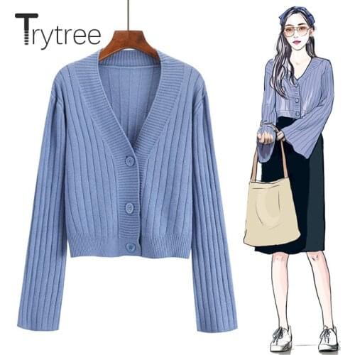 Trytree Autumn Winter Women Sweater Casual V-Neck Flare Sleeve Single Breasted Computer Knitwear Solid 4 Colors Sweater Cardigan