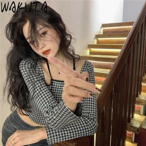 WAKUTA Sexy Off Shoulder Crop Tops Women 2021 Korean Style Slim Vintage Plaid Long Sleeve Fake Camis Tops Spring Sweet Girls