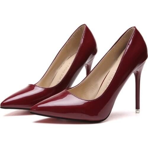 Plus Size Women Shoes Pointed Toe Pumps Patent Leather Dress High Heels Boat Shoes Wedding Shoes Zapatos Mujer White d8