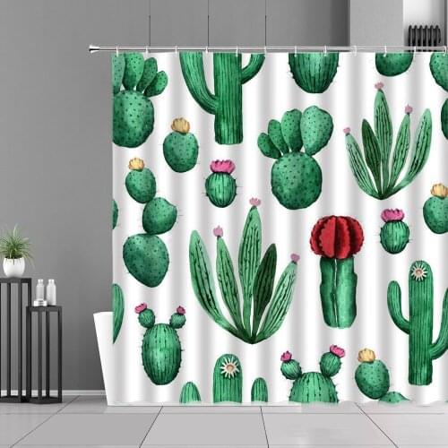 Tropical Cactus Shower Curtains Waterproof Polyester Fabric Bath Curtain Set Green Plants Printed Bathroom Decoration With Hooks