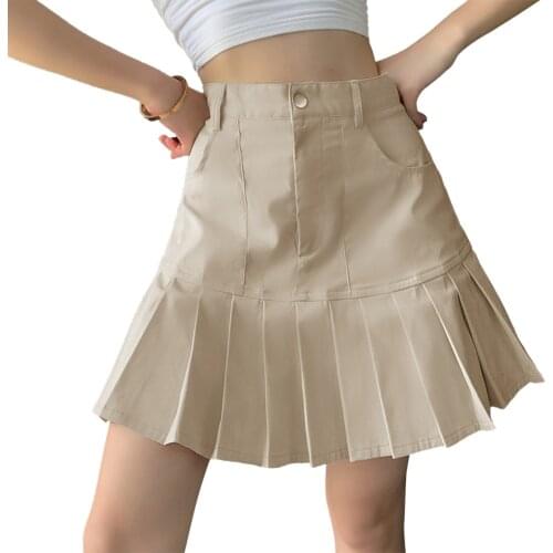2021 Women Casual Pleated Hem Skirt Solid Color High Waist Short Skirt with Pockets Blue Khaki