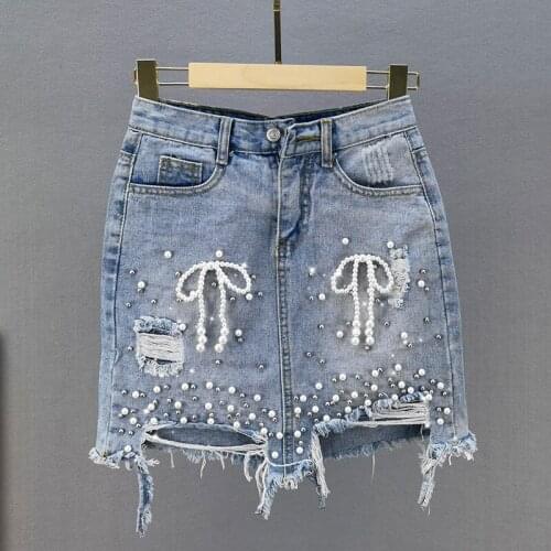 Ripped Beaded Denim Skirt for Women 2021 Summer New High Waist Light Blue Package Hip Skirts Femme
