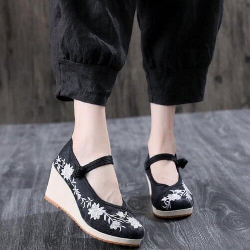 Spring Autumn New China Style Wedges Heels Shallow Embroider Flowers Buckle Canvas Women Pumps Ladies Casual Shoes 20210609
