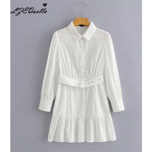 LZEQuella Womens Fashion White Shirt Dress Solid Long Sleeve Button Belt Ruffles Mini Dresses Office Lady Vestidos NZ3498