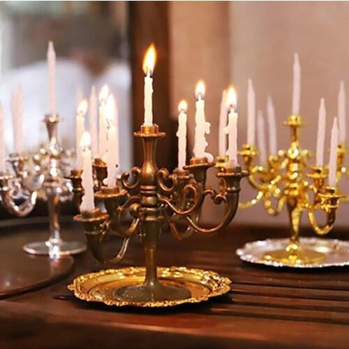 1Set Dollhouse Miniature Candles And Candlestick Birthday Party Cake Candle Holders Toppers For Dollhouse Decals