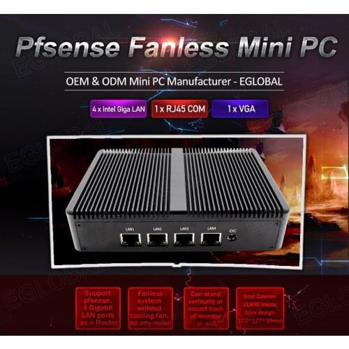 Eglobal 4 RJ45 Lan Intel Celeron J1900 Fanless Mini PC PfSense Firewall Router Quad Core Network Service Multi-function PC