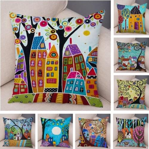 Retro Rural Color Cities Cushion Cover for Sofa Home Car Decor Colorful Cartoon House Pillow Case Tree Short Plush Pillowcase