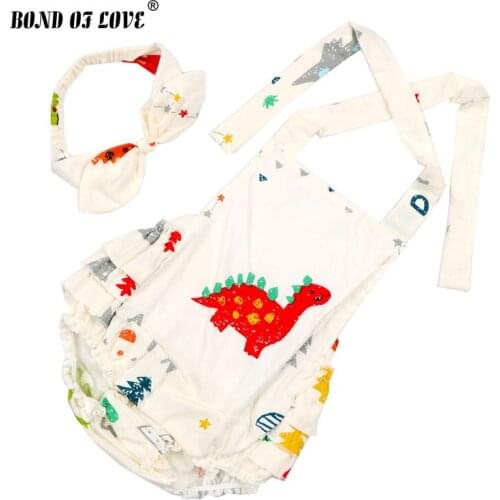 2019 Cotton Baby Girl Rompers Headband Set Sleeveless Toddler Ruffled Dinosaur pattern Romper Photography Props Clothes