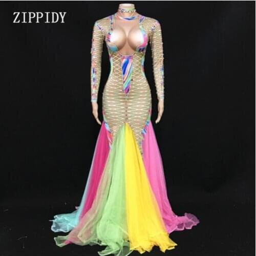 New design Colorful Net Yarn Train Stage Wear Big Stretch One-piece Long Dress Singer Evening Performance Dance Dress