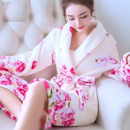 Print Flower Women Bathrobe Soft Flannel Robes Winter Warm Kimono Bath Robe Sleepwear Female Nightwear Home Dressing Gown