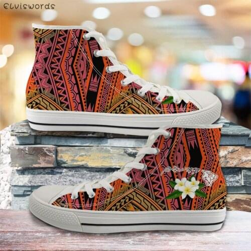 ELVISWORDS Classic High Top Canvas Shoes for Women Hawaiian Tribes Plumeria Printing Sneakers Female Lace Up Vulcanized Footwear