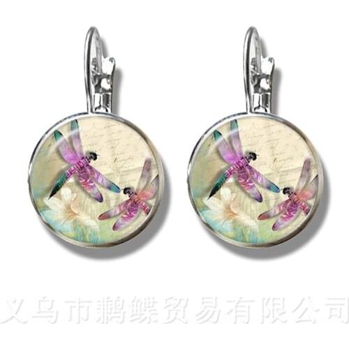 Dragonfly Pattern Classic Earrings Insect Art Picture 16mm Glass Cabochon Dome Charm Stud Earrings For Women Girls Gift