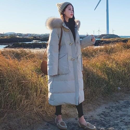 Thick Long Horn Button Jacket Cotton Coat Female Winter New 90%white Duck Down Material Korean Loose Hooded Big Fur Collar