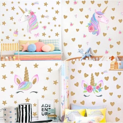 Cartoon Golden Heart Star Dots Unicorn Wall Stickers For Kids Rooms Baby Bedroom Home Decor art Background 3D Autocollant Mural