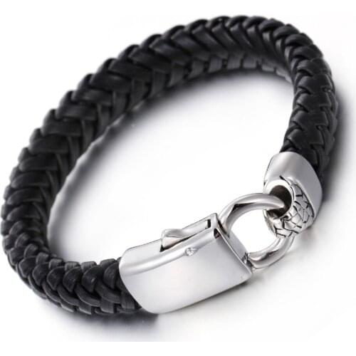11.8mm Wide Cool New Black Wristband Leather Mens Braided Stainless Steel Silver Color Clasp Bangle Bracelet Christmas Gift 9"