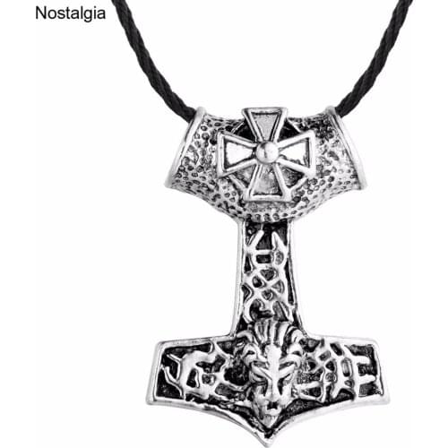 Nostalgia Thor Hammer With Cross Lion Head Engraved Pendant Mens Ethnic Necklace Chain Rope Jewelry Making 2018